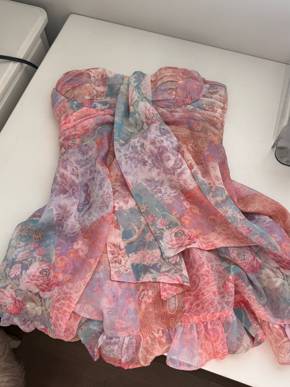 For Love & Lemons Strapless Floral Ruffled Mini Dress in Pink, Blue and Lavender